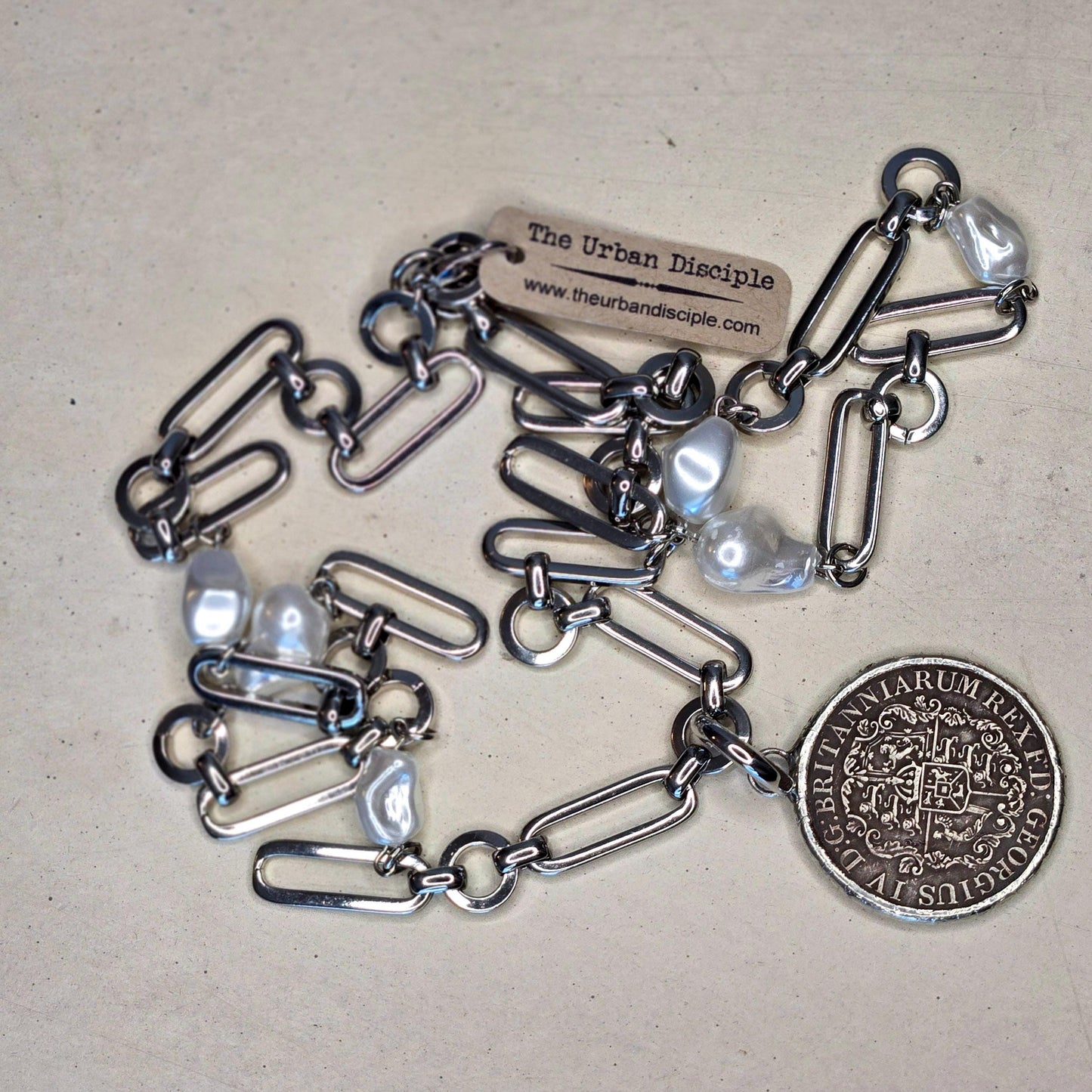 Vintage Style Coin Necklace, British Royal Crown Coin Necklace on Designer Silver Chain With Porcelain Baroque Pearls, Layering Necklace