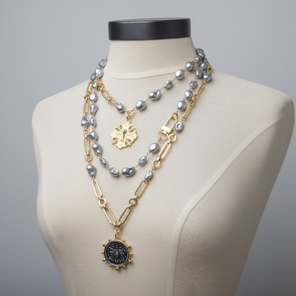 Pearl Necklace- Porcelain Baroque Pearls With Gold Industrial Clasp - Layering Necklace- Elegant Jewelry