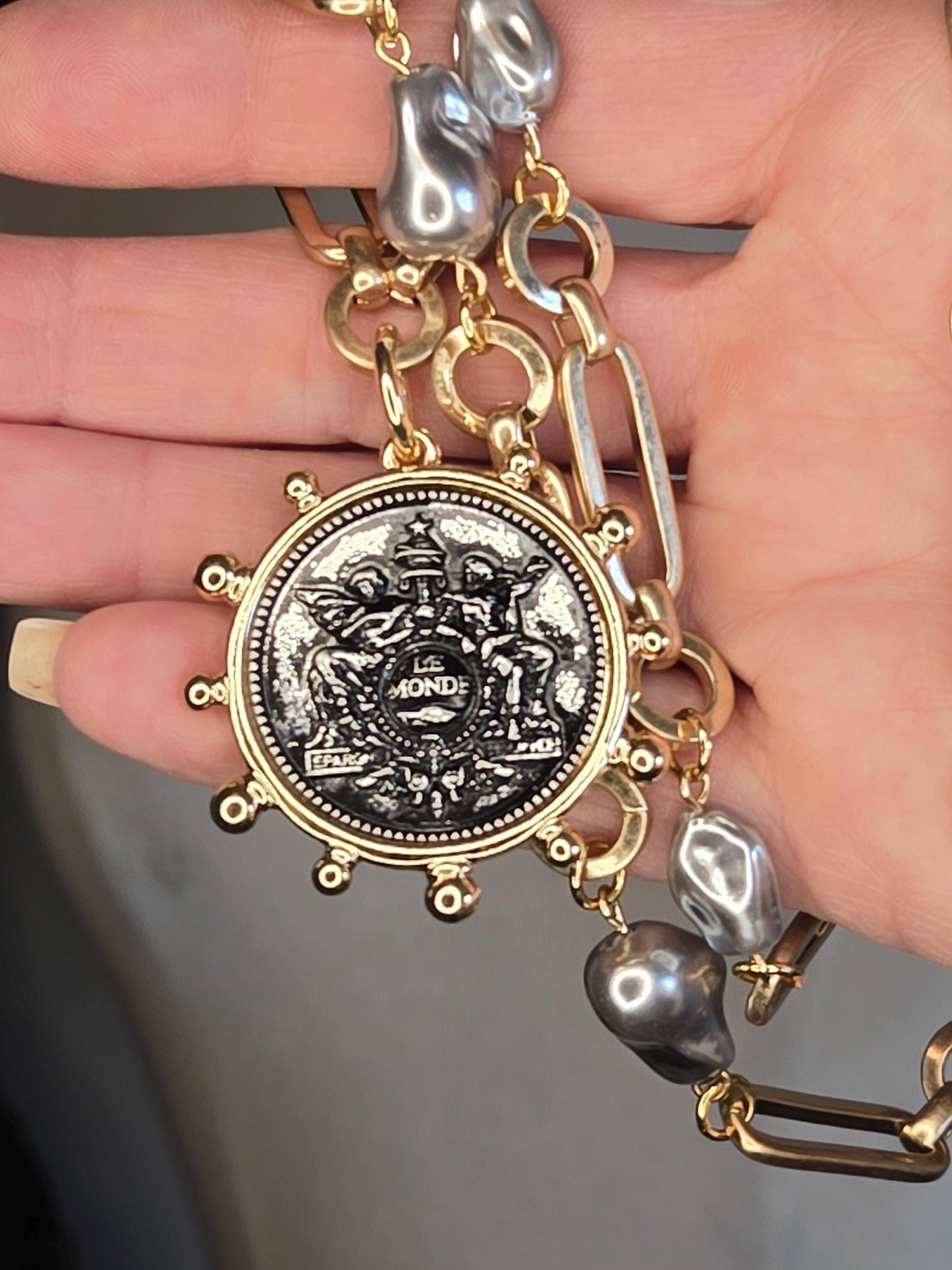Vintage French Coin Necklace: Le Monde Medallion, Porcelain Baroque Pearls