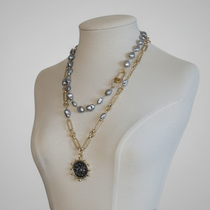 Pearl Necklace- Porcelain Baroque Pearls With Gold Industrial Clasp - Layering Necklace- Elegant Jewelry