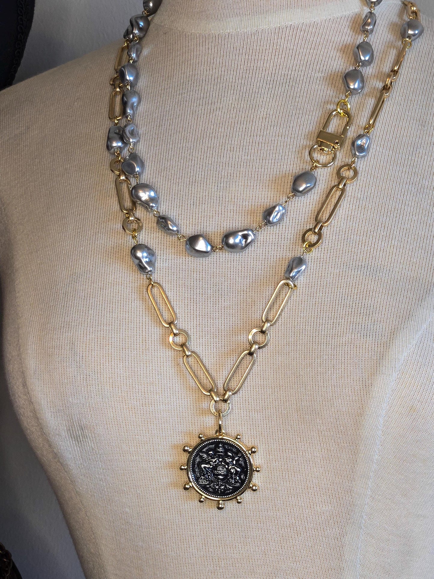 Pearl Necklace- Porcelain Baroque Pearls With Gold Industrial Clasp - Layering Necklace- Elegant Jewelry