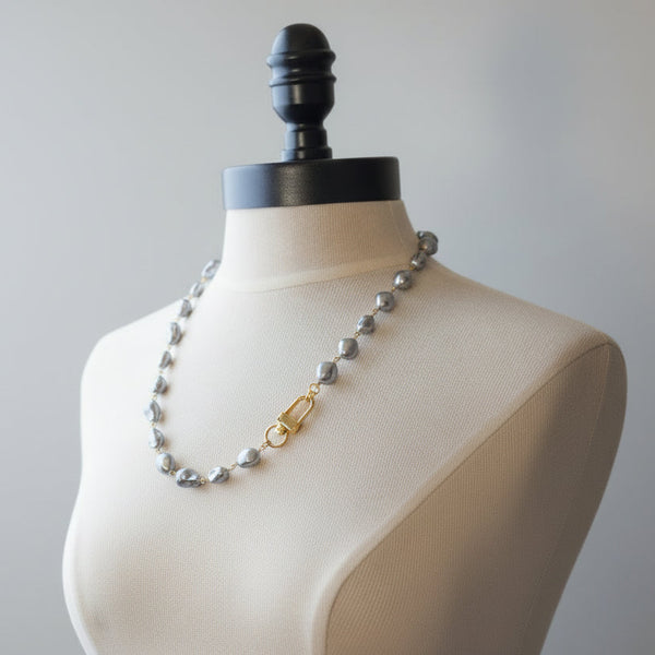 Pearl Necklace- Porcelain Baroque Pearls With Gold Industrial Clasp - Layering Necklace- Elegant Jewelry