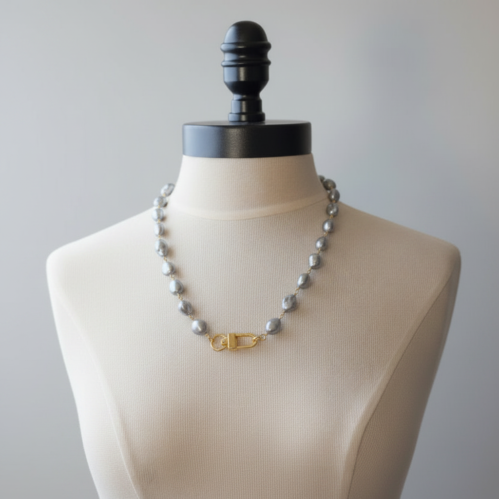 Pearl Necklace- Porcelain Baroque Pearls With Gold Industrial Clasp - Layering Necklace- Elegant Jewelry