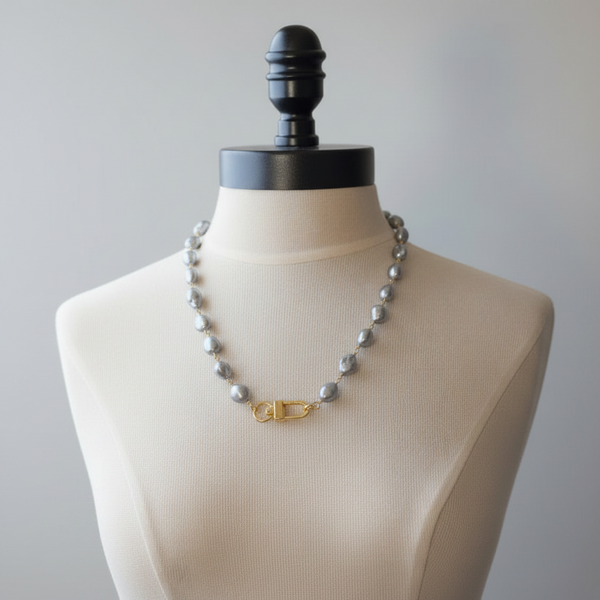Pearl Necklace- Porcelain Baroque Pearls With Gold Industrial Clasp - Layering Necklace- Elegant Jewelry