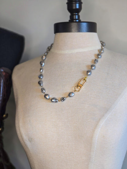 Pearl Necklace- Porcelain Baroque Pearls With Gold Industrial Clasp - Layering Necklace- Elegant Jewelry