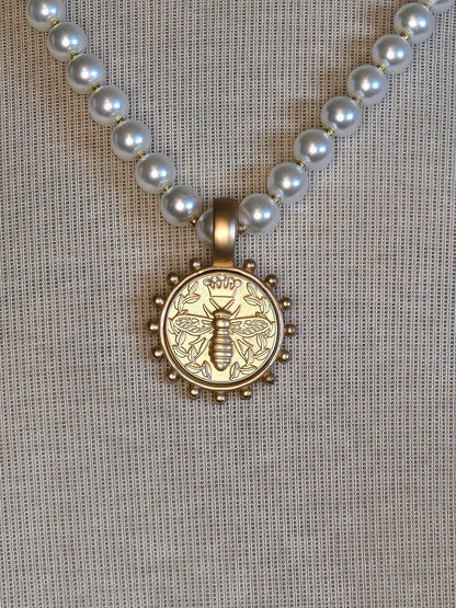Feminine Pearl Necklace accented with Gold Queen Bee Coin Pendant - Handcrafted Jewelry Gift