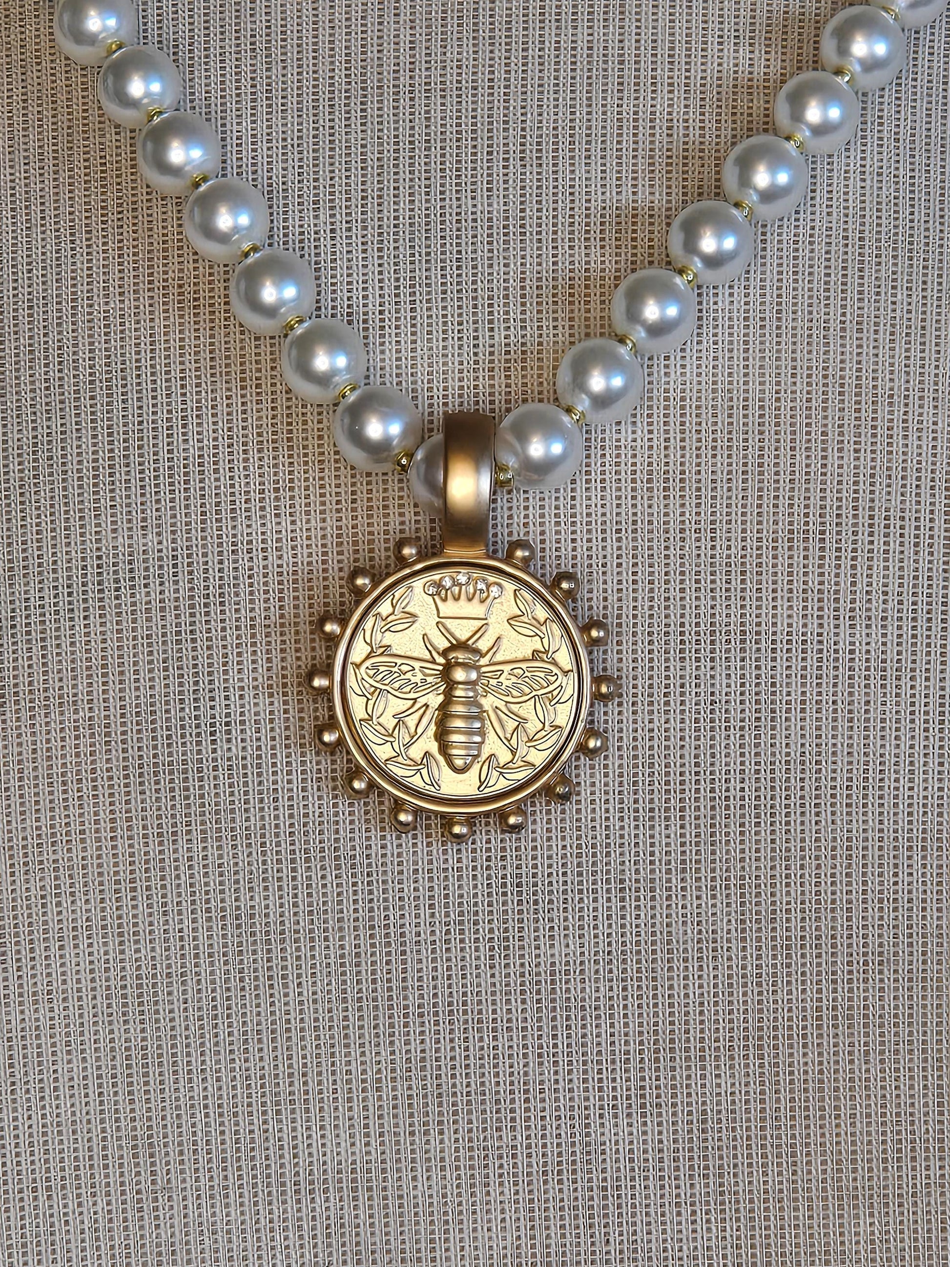 Feminine Pearl Necklace accented with Gold Queen Bee Coin Pendant - Handcrafted Jewelry Gift