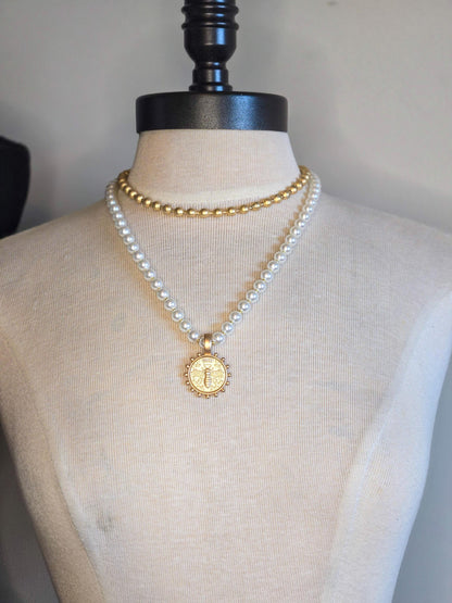 Feminine Pearl Necklace accented with Gold Queen Bee Coin Pendant - Handcrafted Jewelry Gift