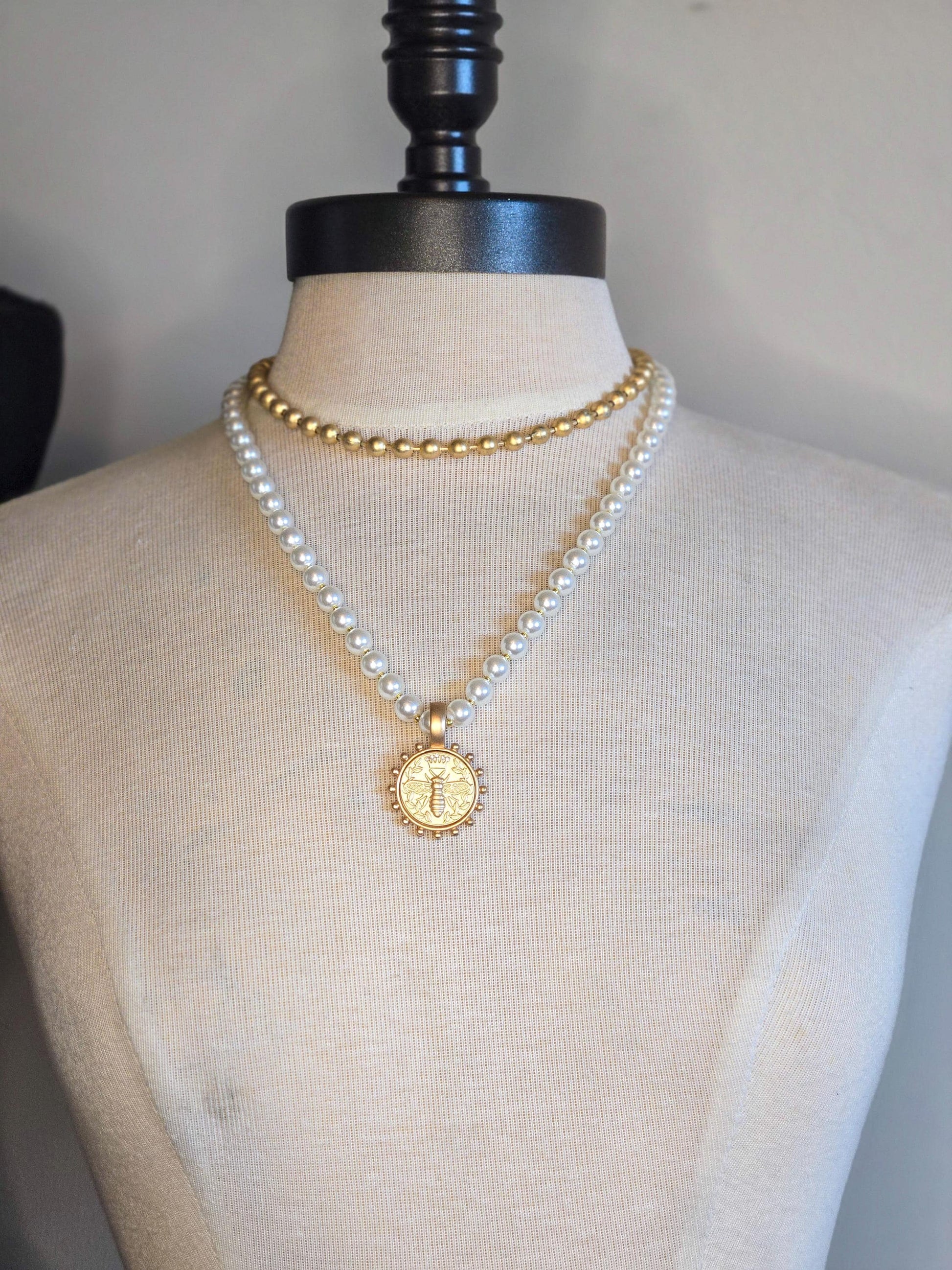Feminine Pearl Necklace accented with Gold Queen Bee Coin Pendant - Handcrafted Jewelry Gift