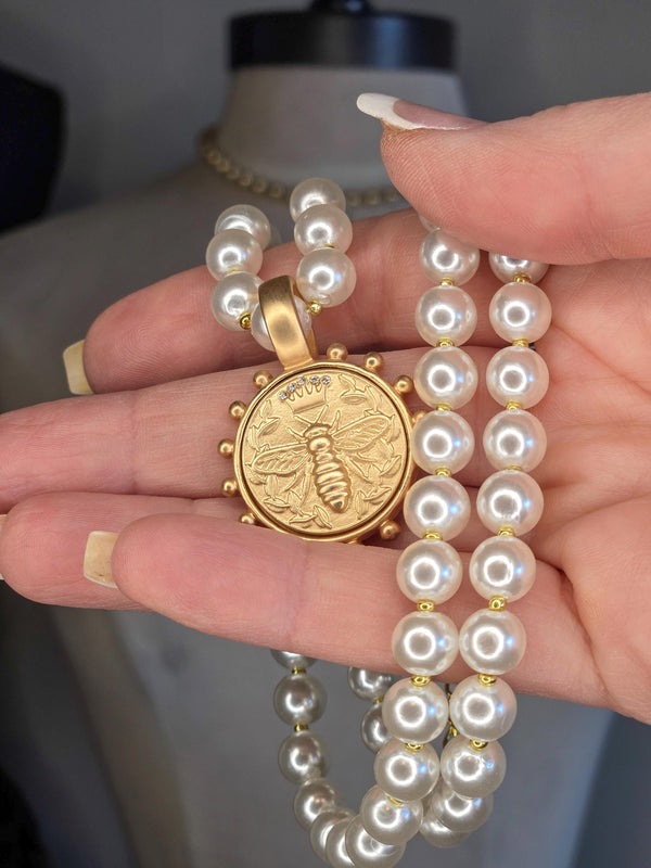 Feminine Pearl Necklace accented with Gold Queen Bee Coin Pendant - Handcrafted Jewelry Gift