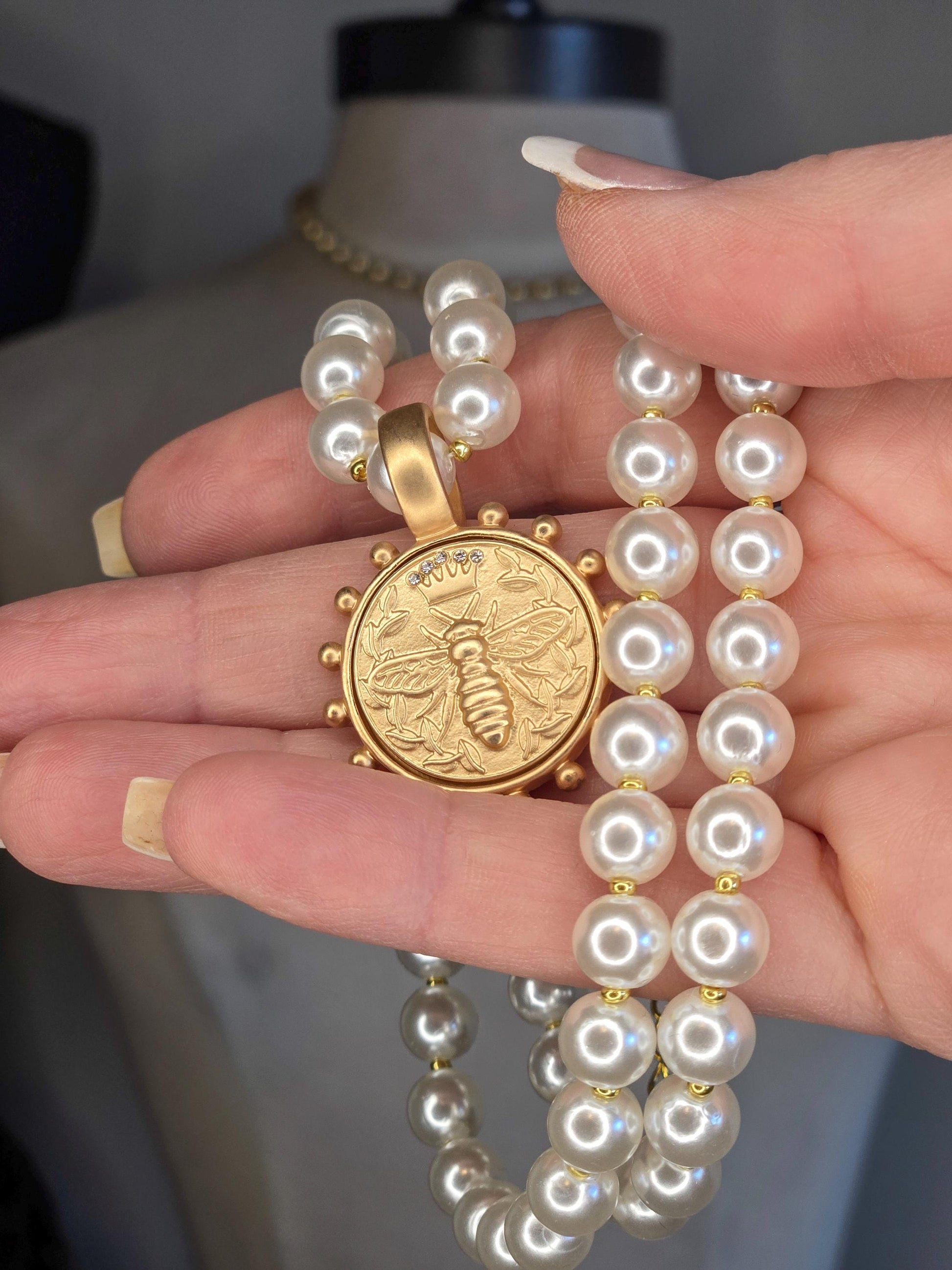 Feminine Pearl Necklace accented with Gold Queen Bee Coin Pendant - Handcrafted Jewelry Gift