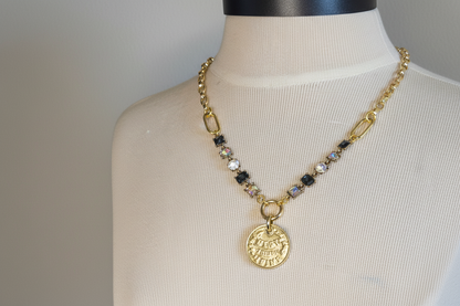French Champagne Coin Replica Necklace - Handcrafted Crystal & Gold Plated Mixed-Link Chain
