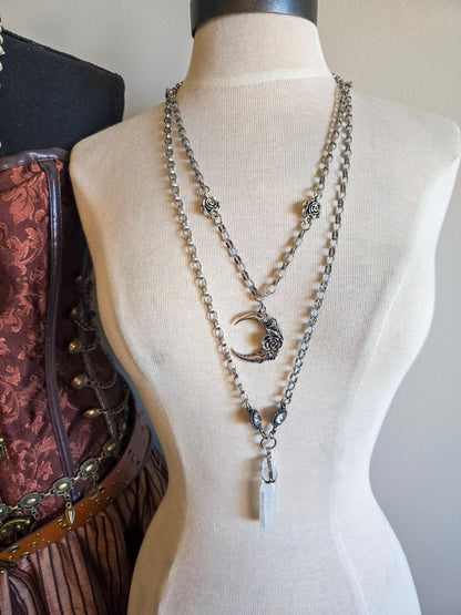 Quartz Pendant Necklace - Long Silver Chain with genuine quartz and large Swarovski Crystal Connectors- Long Boho Statement Necklace