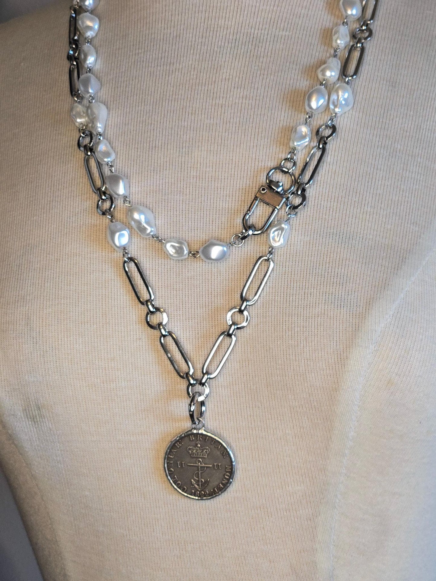 Vintage Style Coin Necklace, British Royal Crown Coin Necklace on Designer Silver Chain With Porcelain Baroque Pearls, Layering Necklace