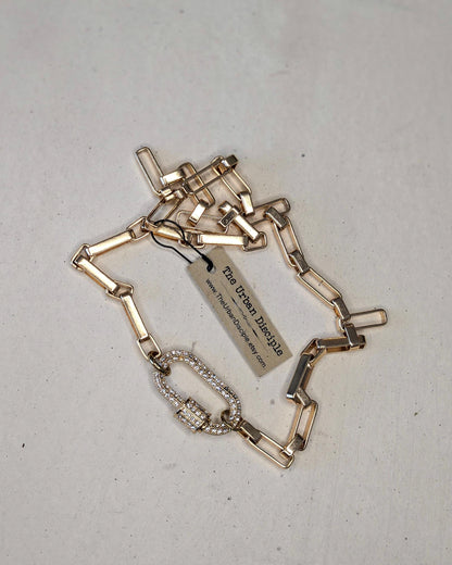 Chunky Paperclip Link Chain Choker Necklace - 14K Gold Plated Chain with Pave Carabiner Clasp