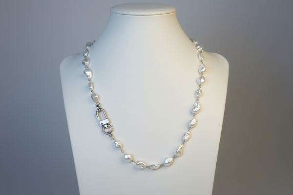Pearl Necklace- Porcelain Baroque Pearls With Silver Industrial Clasp - Layering Necklace- Elegant Jewelry