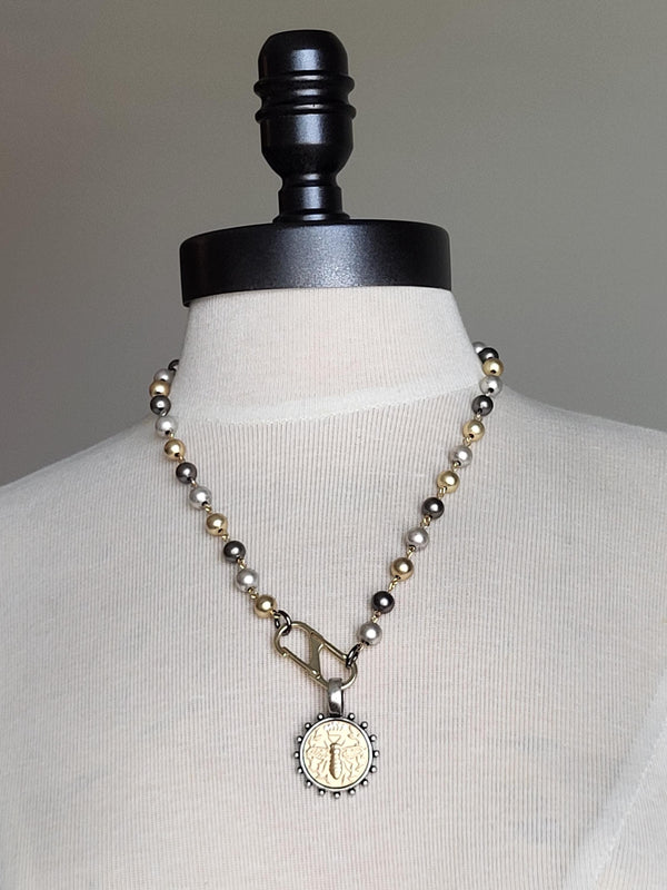 Queen Bee Coin Necklace with Tri Color Pearls, S Clamp Clasp - Honey Bee Jewelry, Elegant Pearl Necklace"