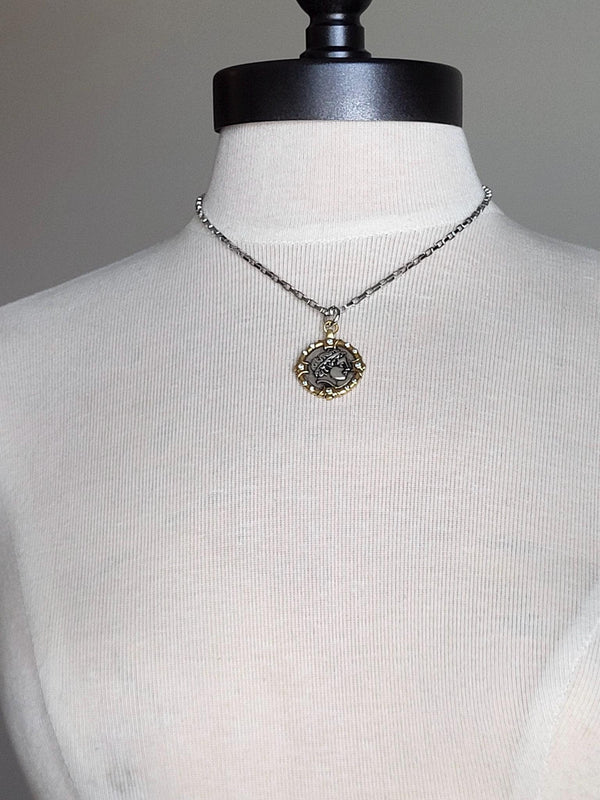 Greek Drachma Coin Necklace: Silver Box Chain, Mixed Metal Pendant