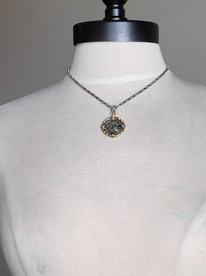 Antique Greek Drachma Coin Replica on 18" Silver Box Link Chain - Mixed Metal Coin Necklace