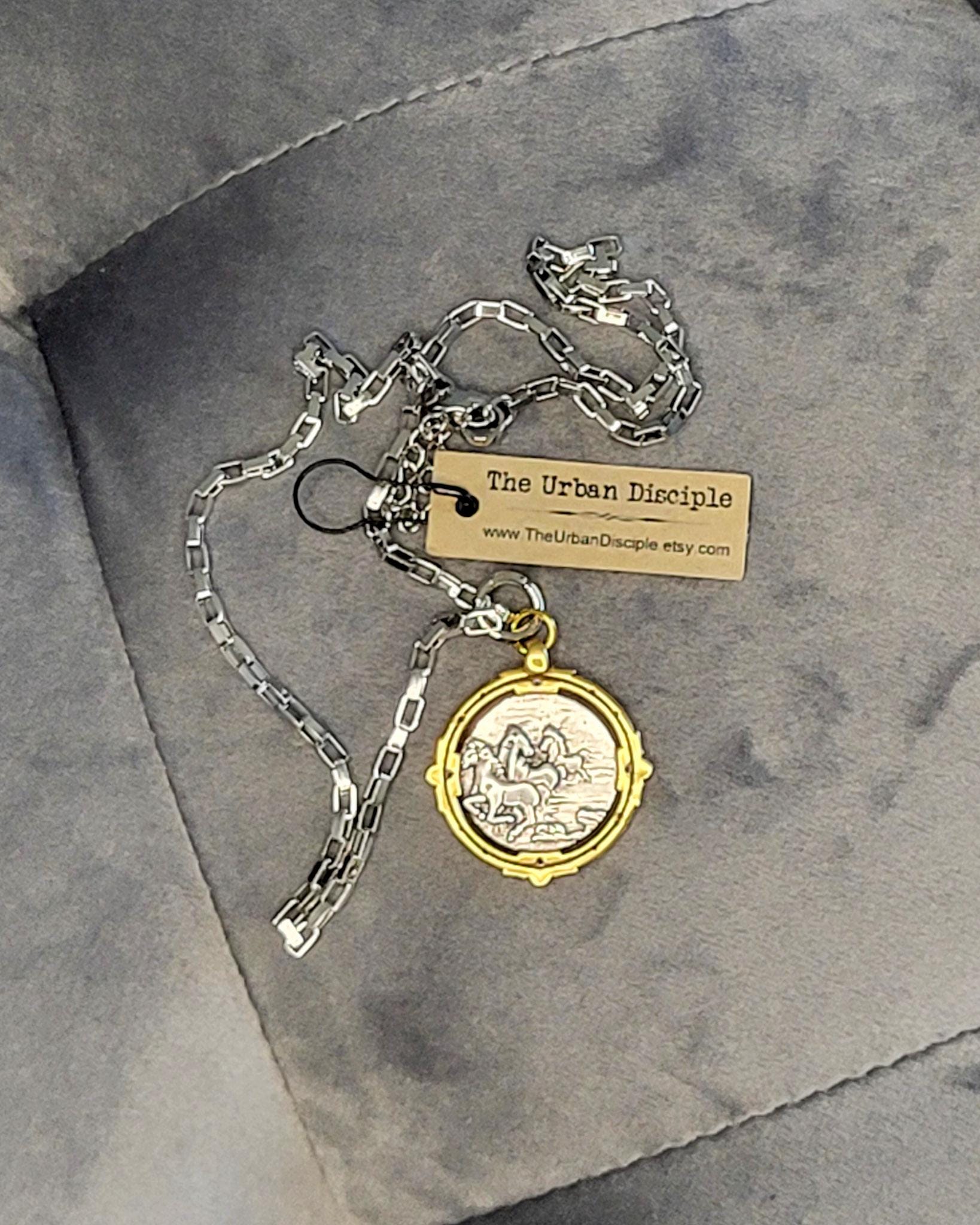 Antique Greek Drachma Coin Replica on 18" Silver Box Link Chain - Mixed Metal Coin Necklace