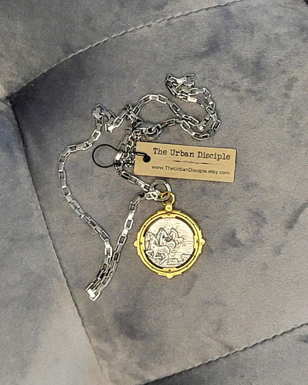 Greek Drachma Coin Necklace: Silver Box Chain, Mixed Metal Pendant