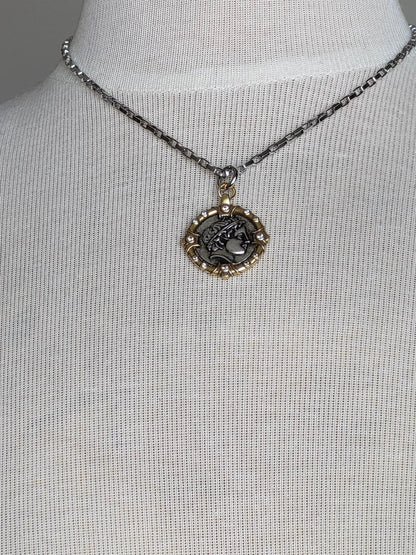 Antique Greek Drachma Coin Replica on 18" Silver Box Link Chain - Mixed Metal Coin Necklace