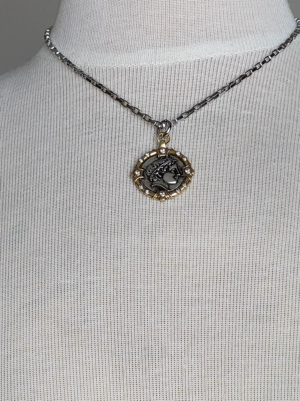 Greek Drachma Coin Necklace: Silver Box Chain, Mixed Metal Pendant