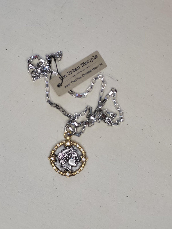 Greek Drachma Coin Necklace: Silver Box Chain, Mixed Metal Pendant