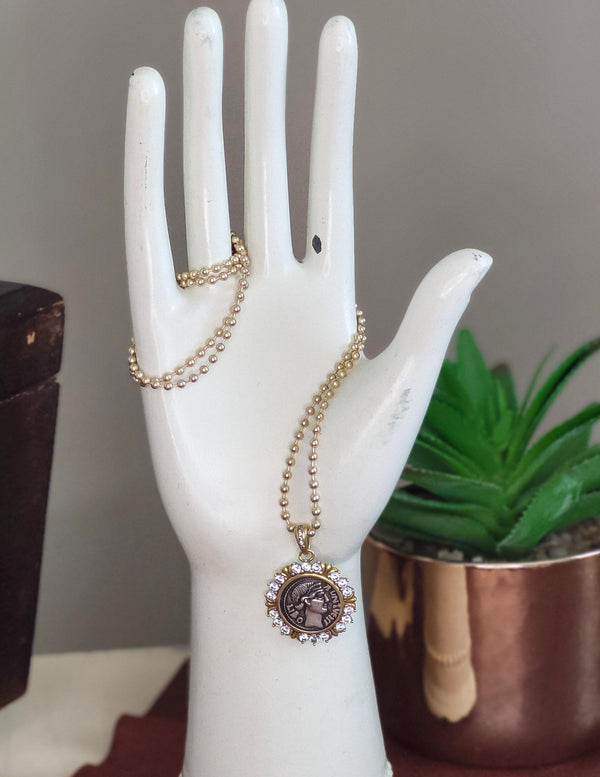Antique Greek Drachma Coin Replica on 18" Gold Ball Chain - Mixed Metal Coin Necklace