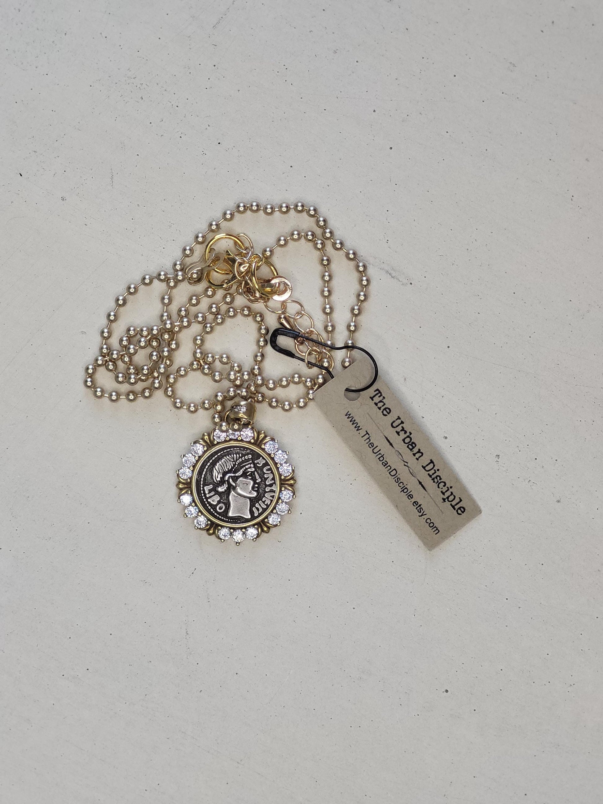 Antique Greek Drachma Coin Replica on 18" Gold Ball Chain - Mixed Metal Coin Necklace