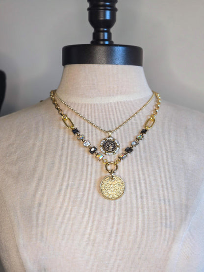 small mixed metal Greek coin pendant on gold ball chain stacked with rhinestone and French coin 22&quot; necklace.
