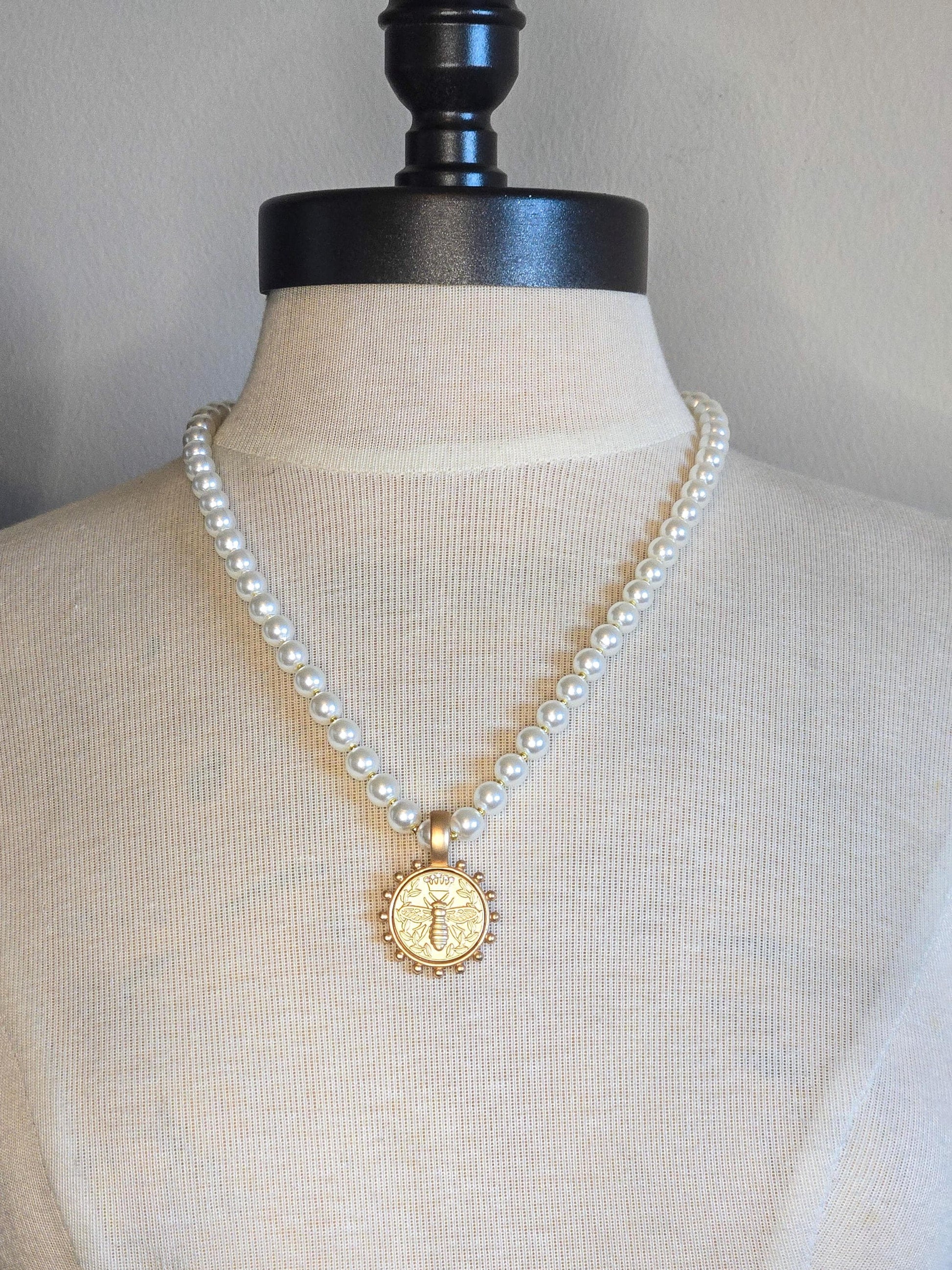 Feminine Pearl Necklace accented with Gold Queen Bee Coin Pendant - Handcrafted Jewelry Gift