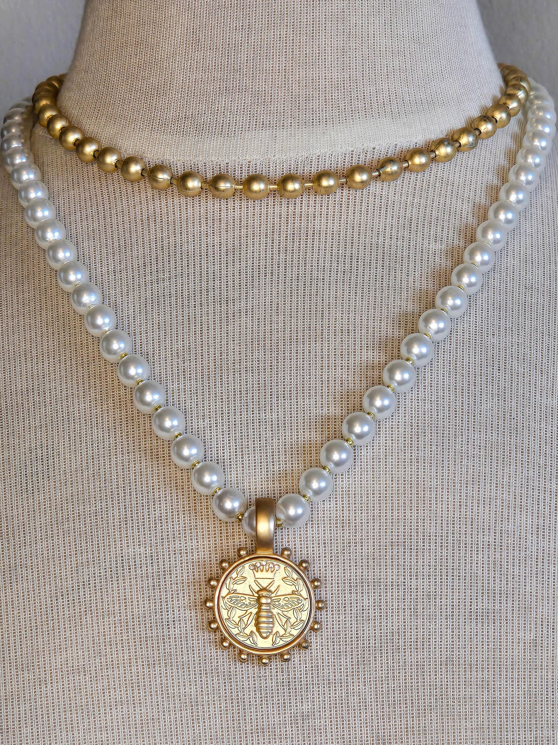 Feminine Pearl Necklace accented with Gold Queen Bee Coin Pendant - Handcrafted Jewelry Gift