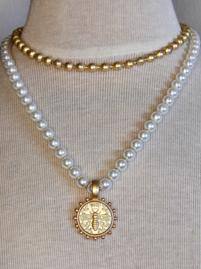 Feminine Pearl Necklace accented with Gold Queen Bee Coin Pendant - Handcrafted Jewelry Gift