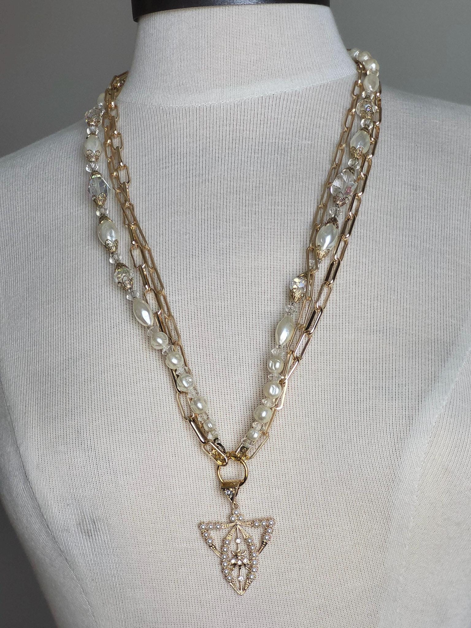 One-Of-A-Kind Repurposed Vintage Pearl Necklace featuring Unusual Gold Bee Pendant