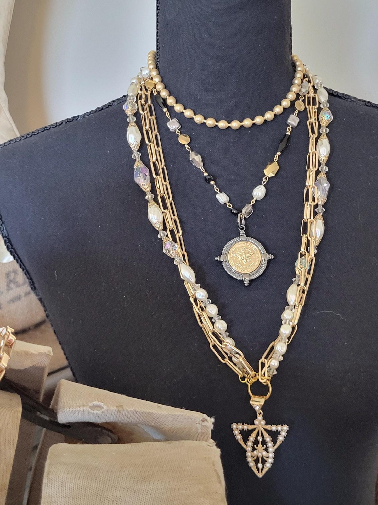 One-Of-A-Kind Repurposed Vintage Pearl Necklace featuring Unusual Gold Bee Pendant
