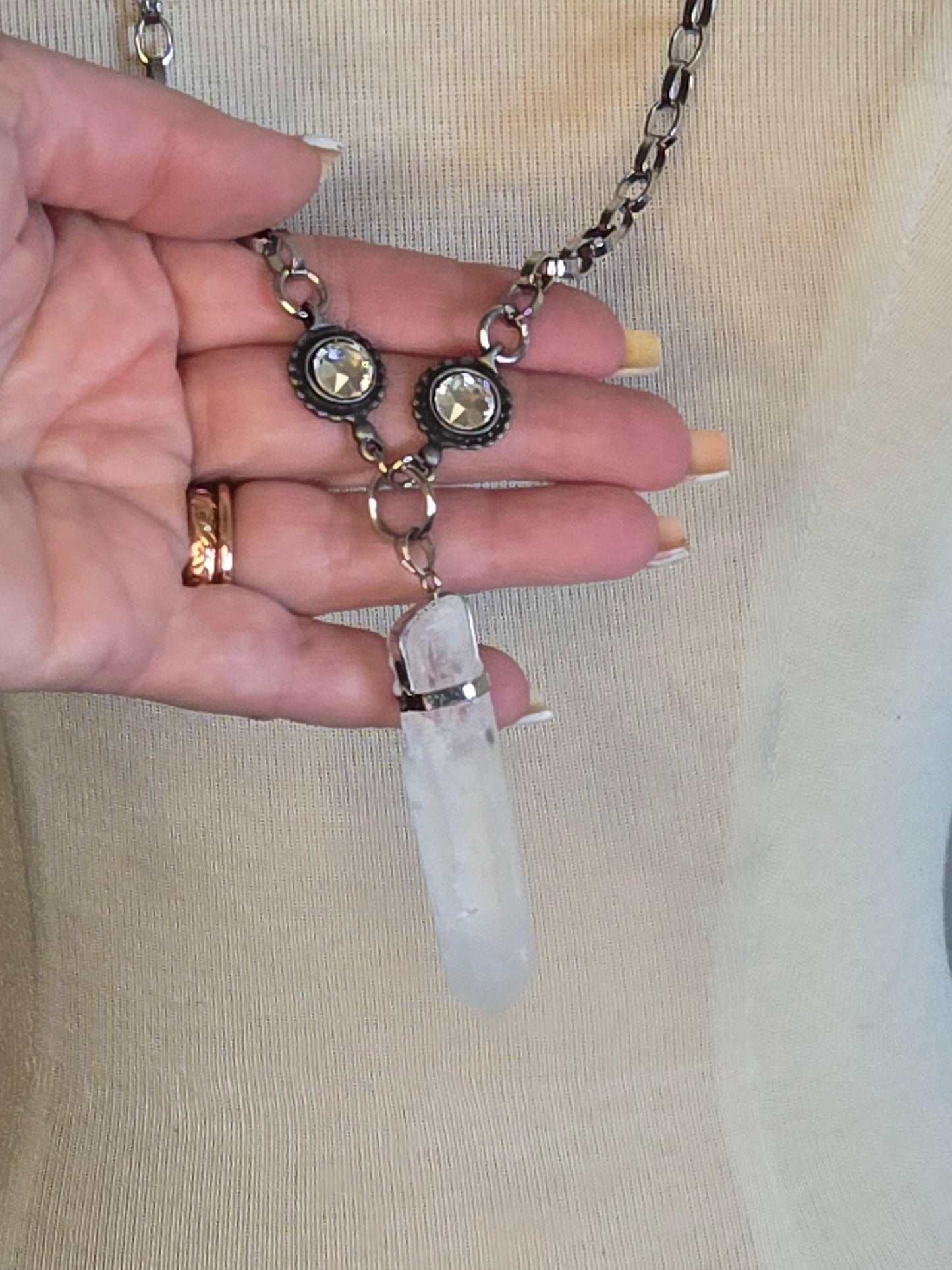 Quartz Pendant Necklace - Long Silver Chain with genuine quartz and large Swarovski Crystal Connectors- Long Boho Statement Necklace