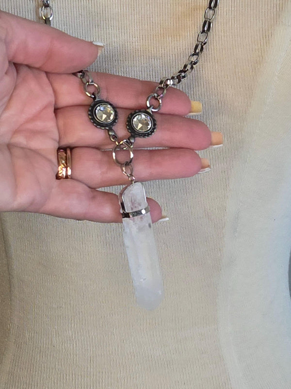 Quartz Pendant Necklace: Long Silver Chain, Swarovski Crystal Boho Statement