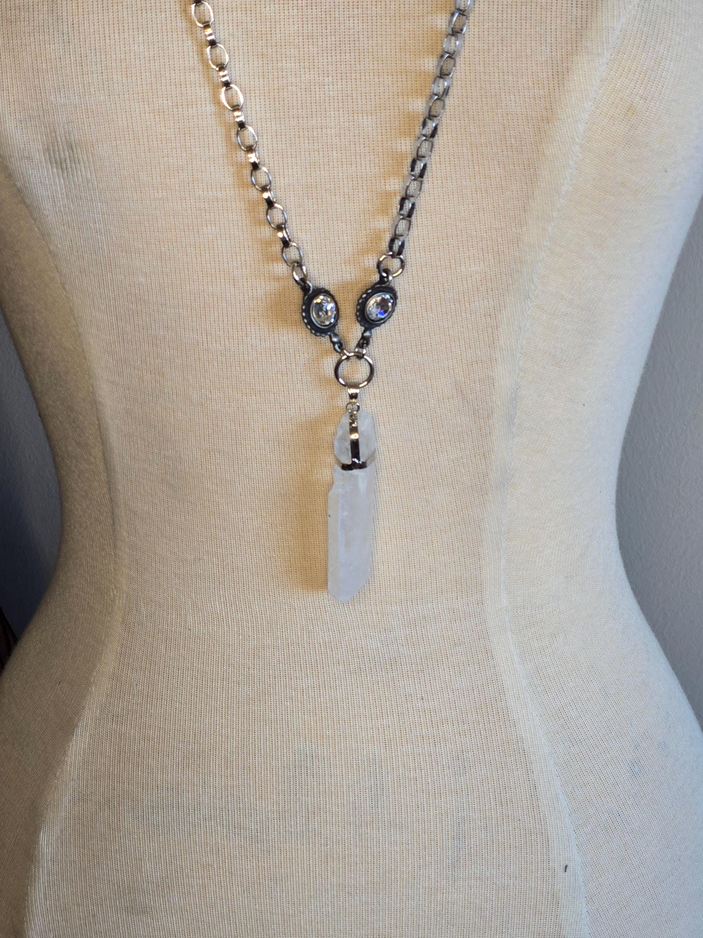 Quartz Pendant Necklace - Long Silver Chain with genuine quartz and large Swarovski Crystal Connectors- Long Boho Statement Necklace