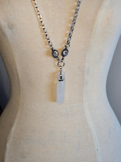 Quartz Pendant Necklace - Long Silver Chain with genuine quartz and large Swarovski Crystal Connectors- Long Boho Statement Necklace