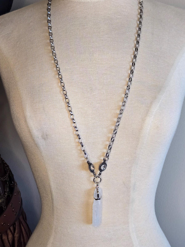 Quartz Pendant Necklace: Long Silver Chain, Swarovski Crystal Boho Statement