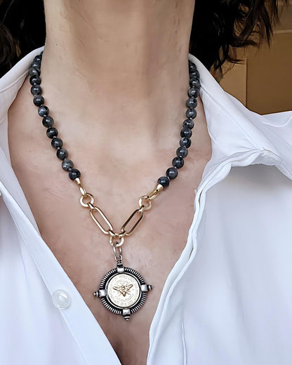 French Bee Coin Pendant on Hand-Knotted Labradorite Necklace - Statement Jewelry- Semi-Precious Stones Necklace