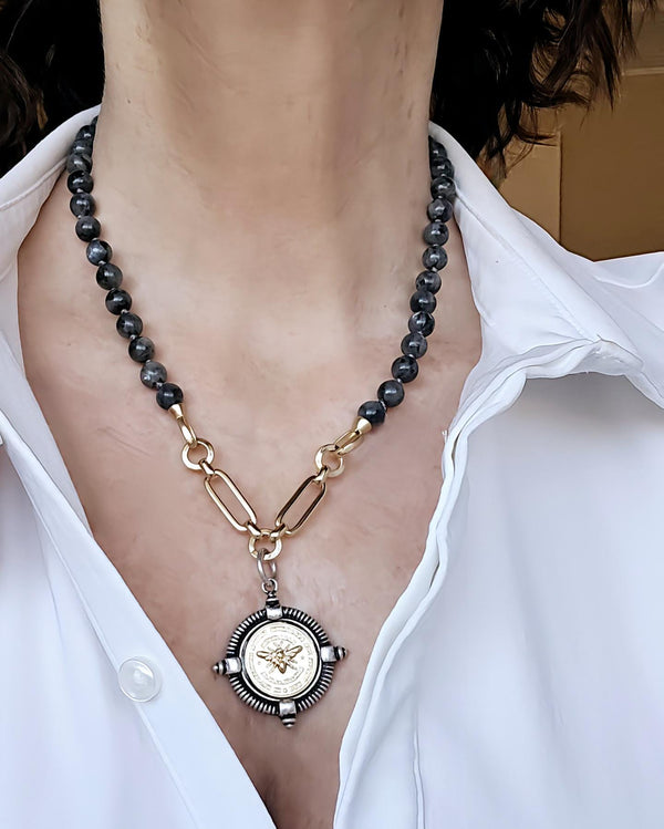 French Bee Coin Pendant on Hand-Knotted Labradorite Necklace - Statement Jewelry- Semi-Precious Stones Necklace