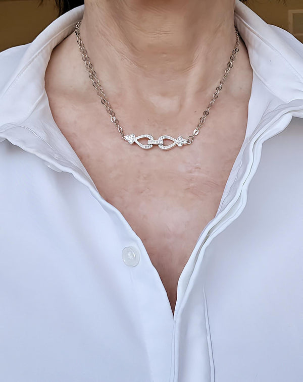 Elegant Sterling Silver Double Strand Choker with Swarovski Crystal Closure - Dainty Bridal Necklace