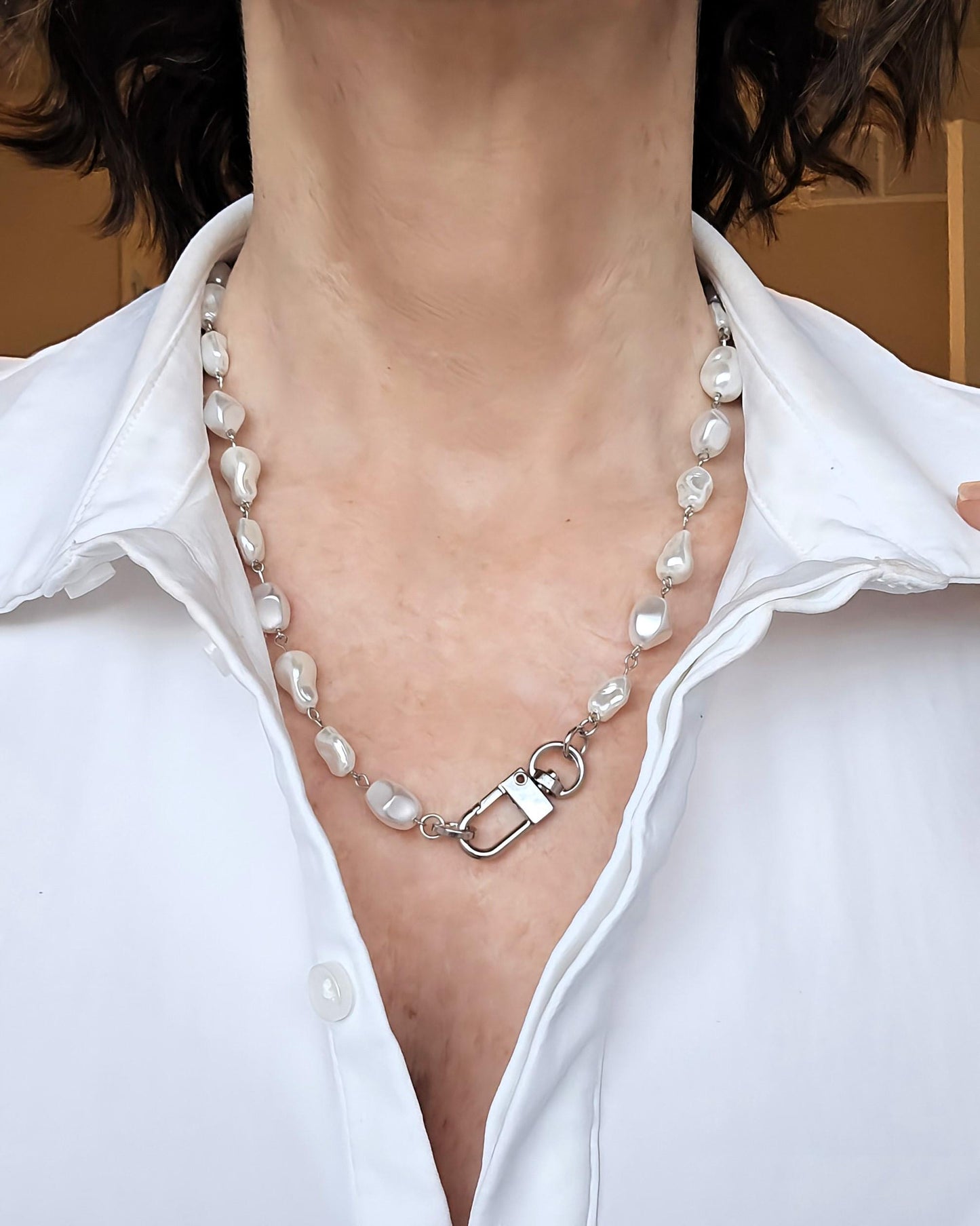 Pearl Necklace- Porcelain Baroque Pearls With Silver Industrial Clasp - Layering Necklace- Elegant Jewelry
