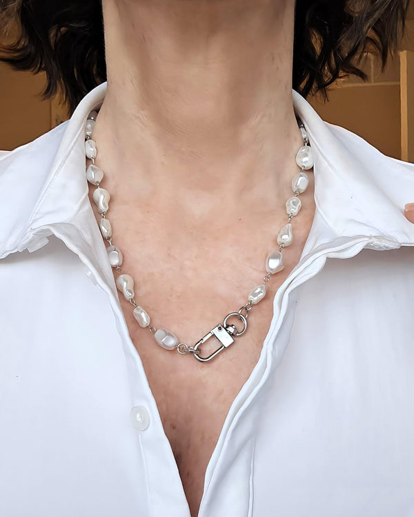 Pearl Necklace- Porcelain Baroque Pearls With Silver Industrial Clasp - Layering Necklace- Elegant Jewelry