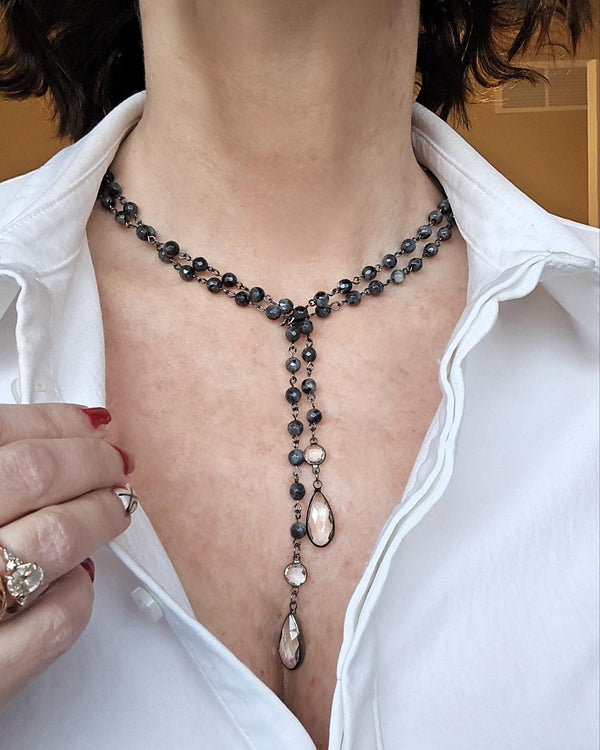 Y Necklace With Austrian Crystals and Genuine Labradorite - Layering Necklace, Statement Jewelry