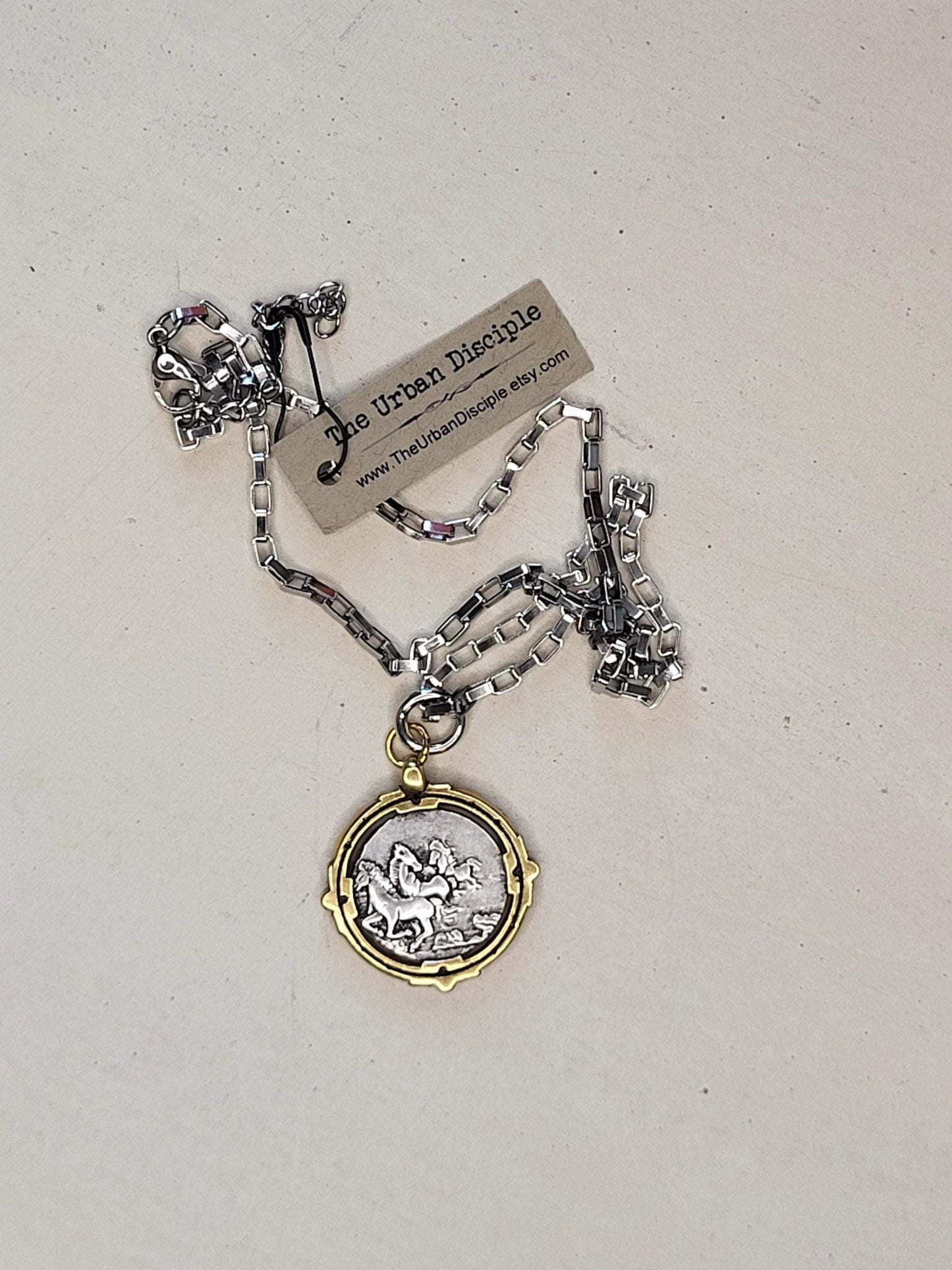 Antique Greek Drachma Coin Replica on 18" Silver Box Link Chain - Mixed Metal Coin Necklace
