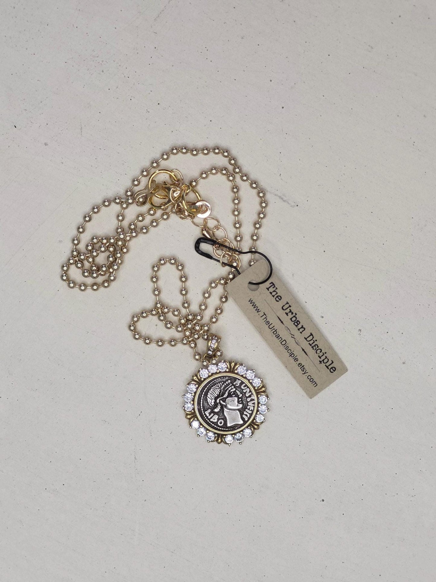 Antique Greek Drachma Coin Replica on 18" Gold Ball Chain - Mixed Metal Coin Necklace