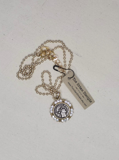 Antique Greek Drachma Coin Replica on 18" Gold Ball Chain - Mixed Metal Coin Necklace